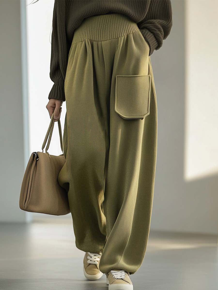 Retro Fashion Loose Pocket Knit Wide Leg Pants