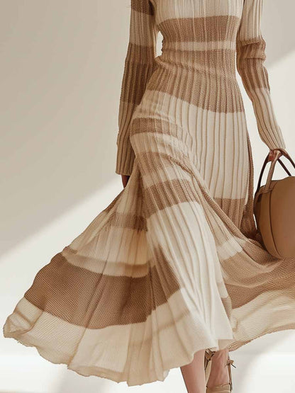 Elegant High Collar Beige Wide Stripes Contrast Knitted Maxi Dress