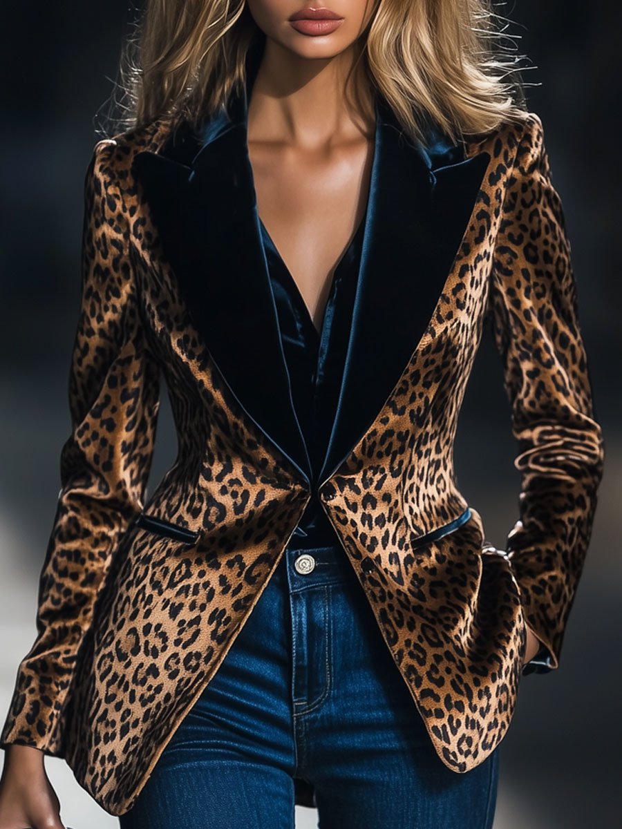 Casual Loose Vintage Velvet Leopard Print Colorblock Lapel Blazer