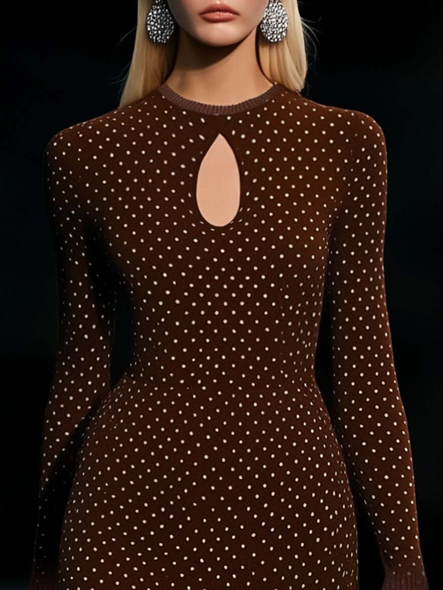 Elegant Round Neck Chest Hollow White Polka Dot Brown Midi Dress