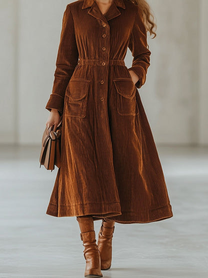 Casual Loose Retro Corduroy Single-Breasted Trench Coat-Style Midi Dress