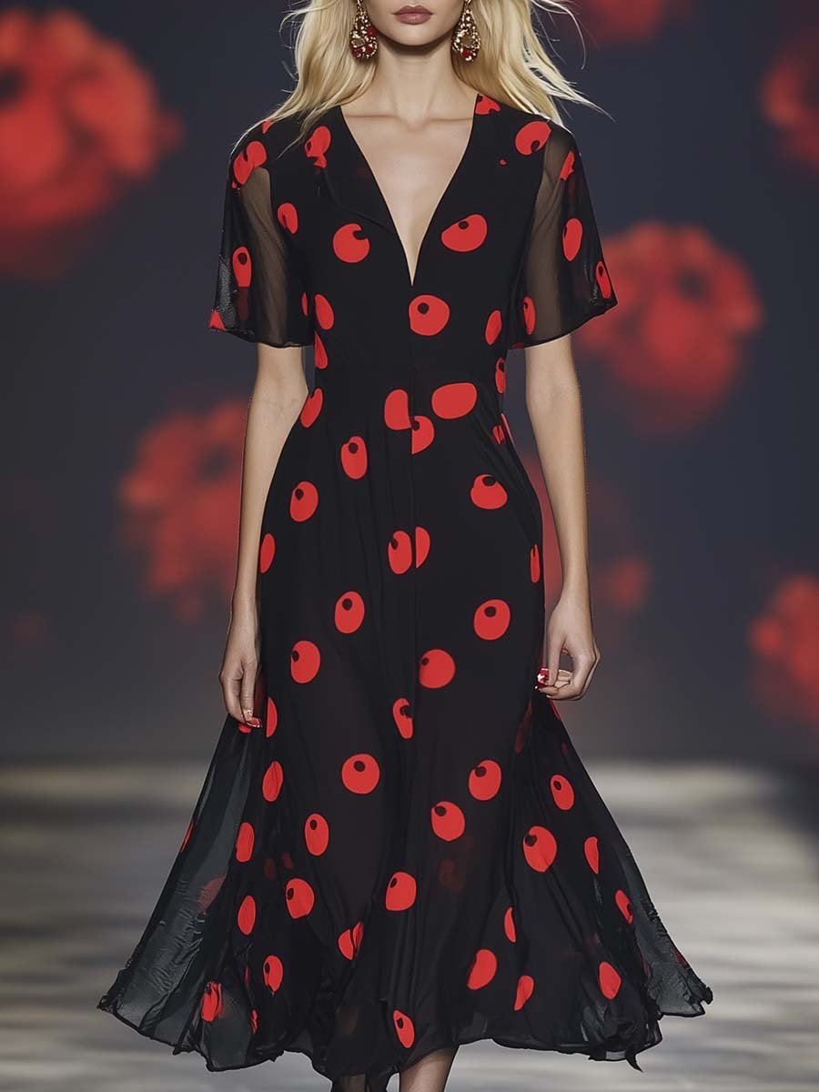 Elegant and Fashionable V-neck Red Polka Dot Print Black Chiffon Midi Dress