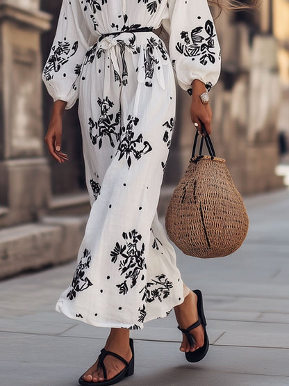 Casual Loose Floral Print Cotton and Linen Long Sleeve Shirt Vacation Maxi Dress