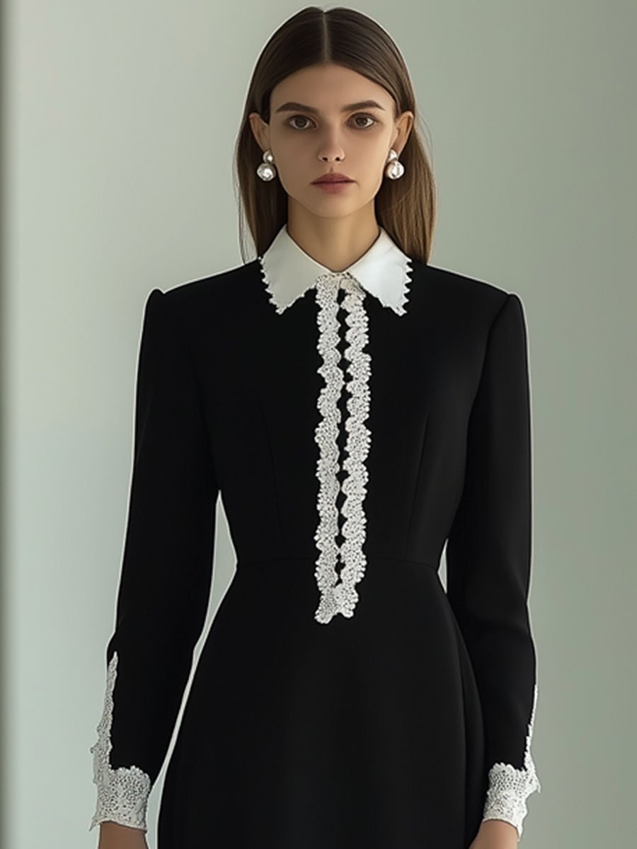 Retro Party White Lace Trim Black Long Sleeve Midi Dress