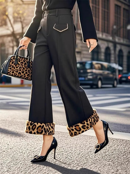 Fashionable Loose Color-Blocked Leopard Print Wide-Leg Pants