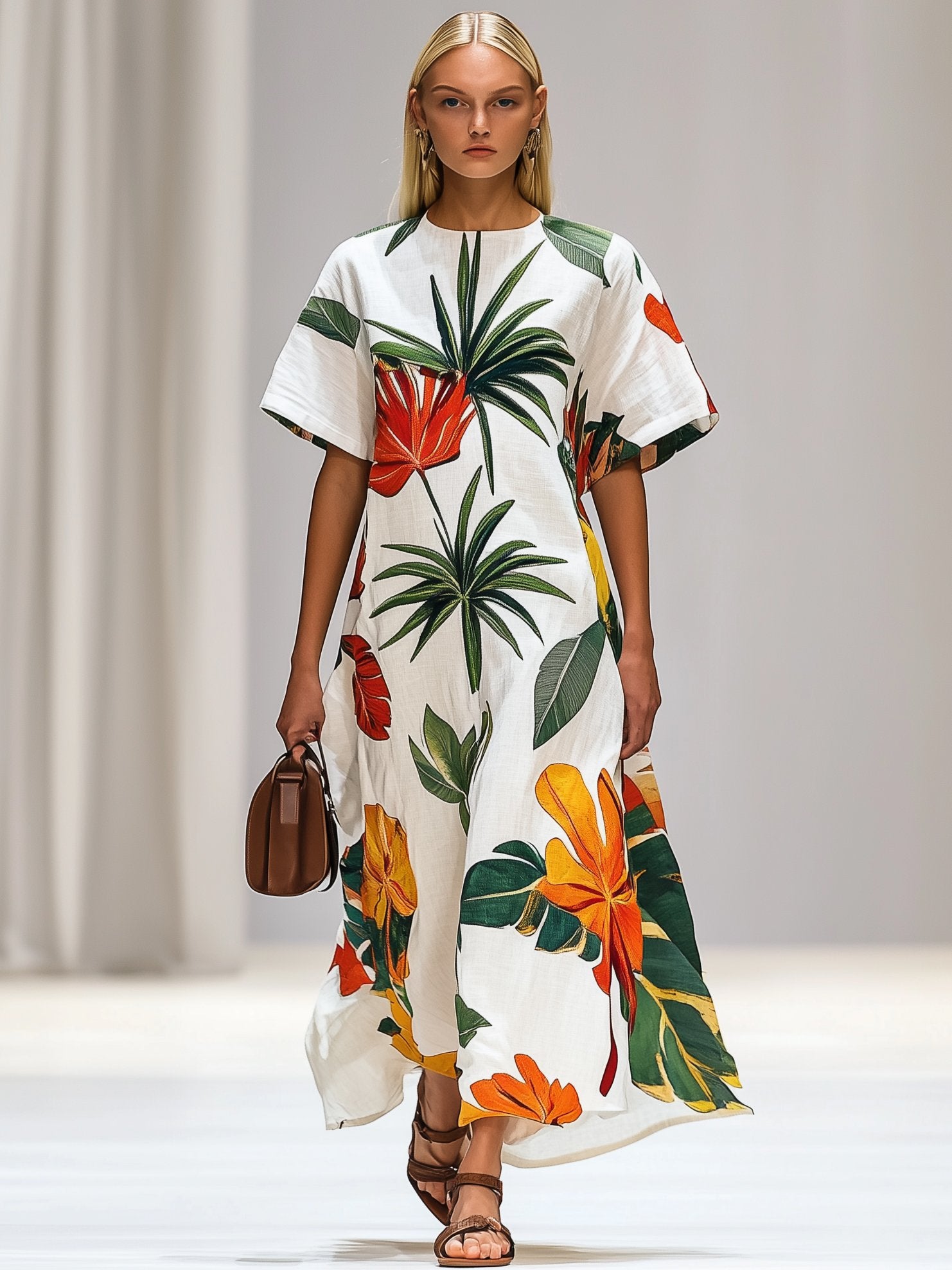 Casual Loose Fit Tropical Print Short Sleeve Maxi Dress