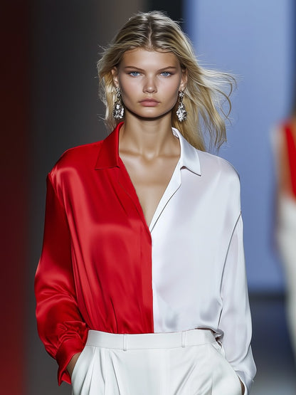 High-End Fashionable And Elegant Red And White Contrast Satin Shirt