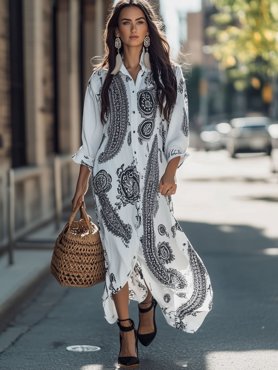 Loose Holiday Cotton and Linen Cashew Flower Print Long Sleeve Shirt Maxi Dress