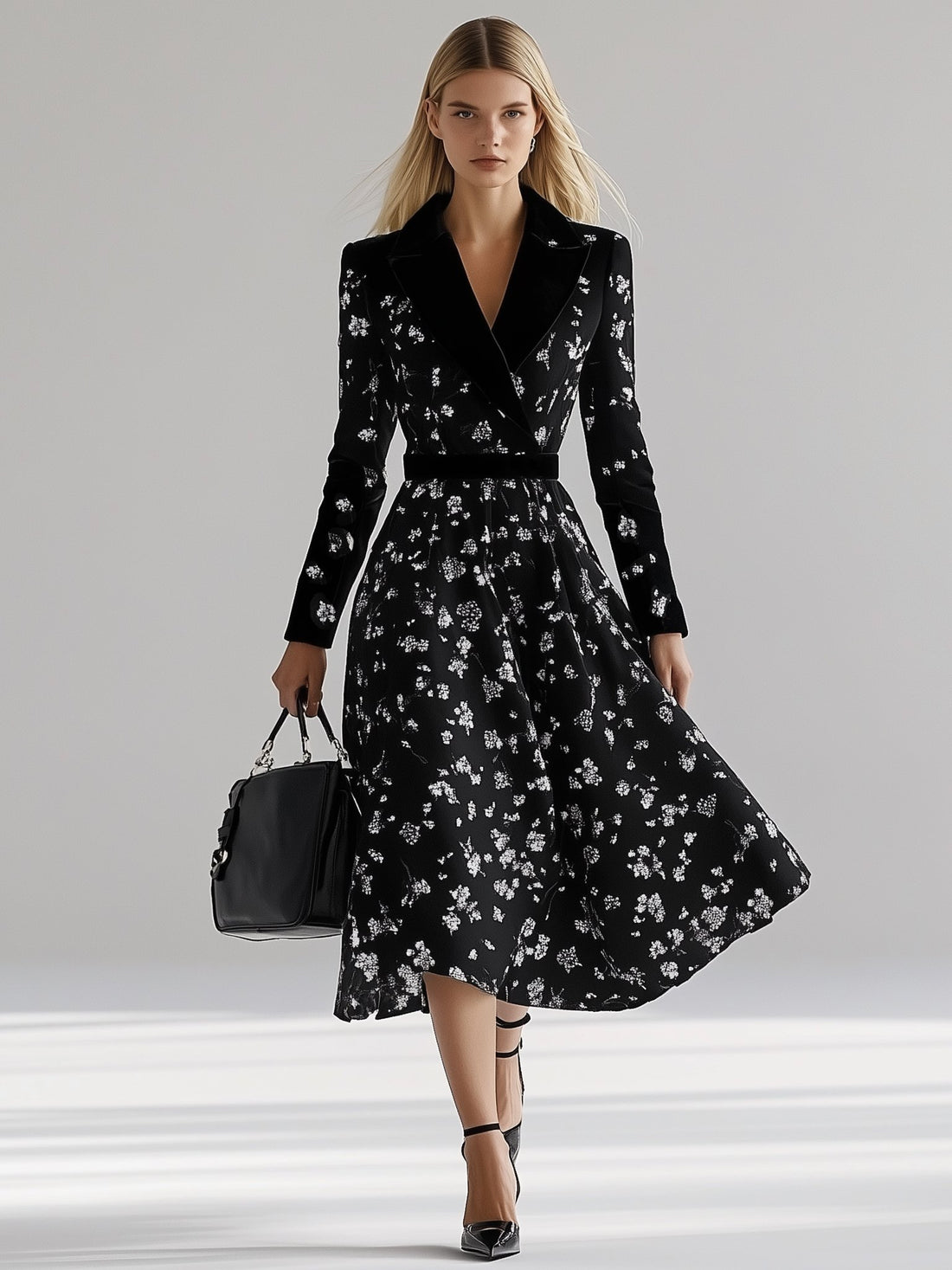 Elegant Lapel Floral Black Long Sleeve Maxi Dress