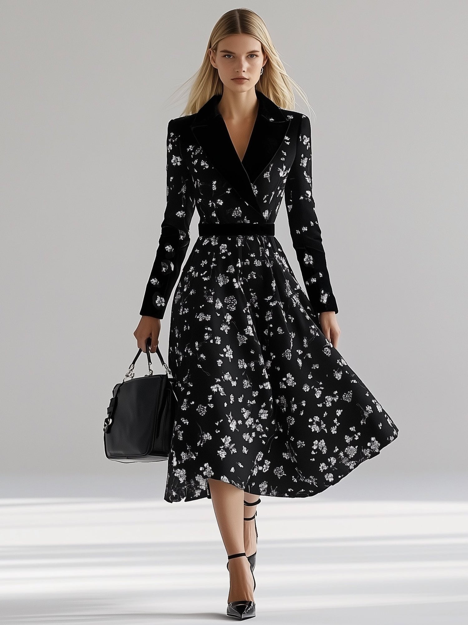 Elegant Lapel Floral Black Long Sleeve Maxi Dress