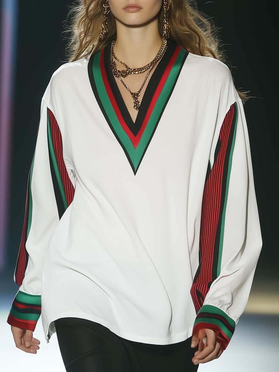 Casual Loose Red and Green Striped Printed V-Neck Long Sleeve T-Shirt