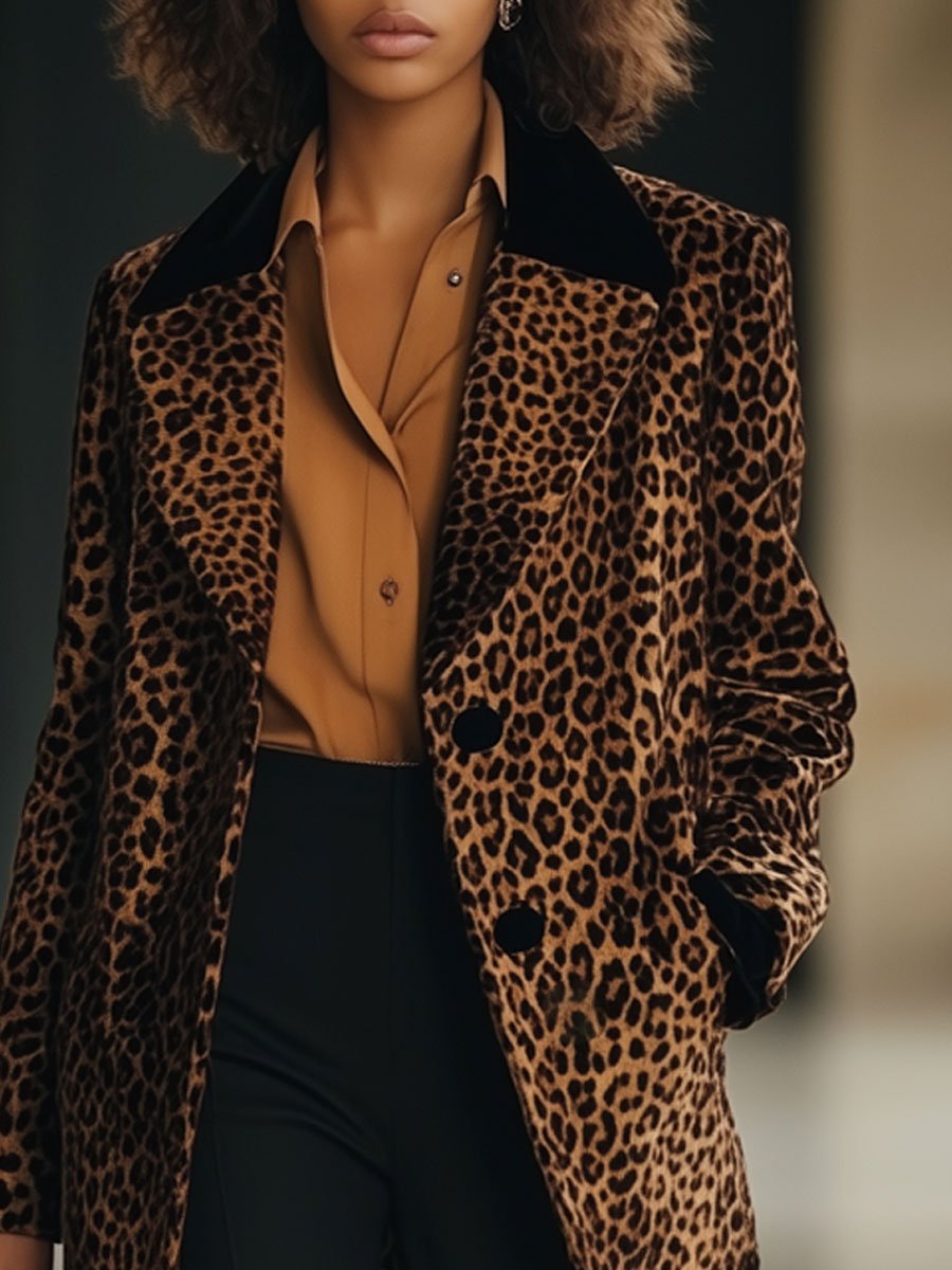 Casual Loose Retro Velvet Leopard Print Lapel Color-Blocked Mid-Length Coat