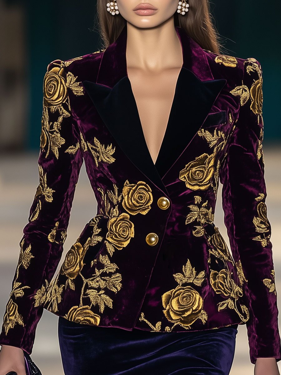 Casual Loose Fashion Retro Purple Velvet Gold Rose Print Short Blazer