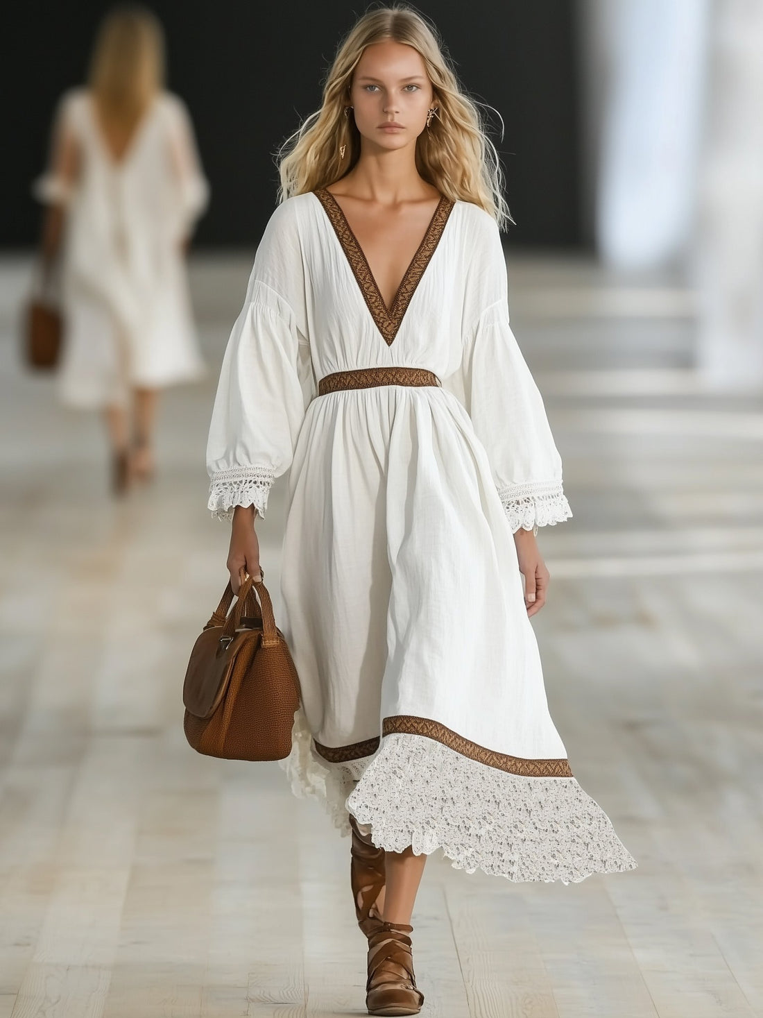 Bohemian Style White Long-Sleeved Maxi Dress