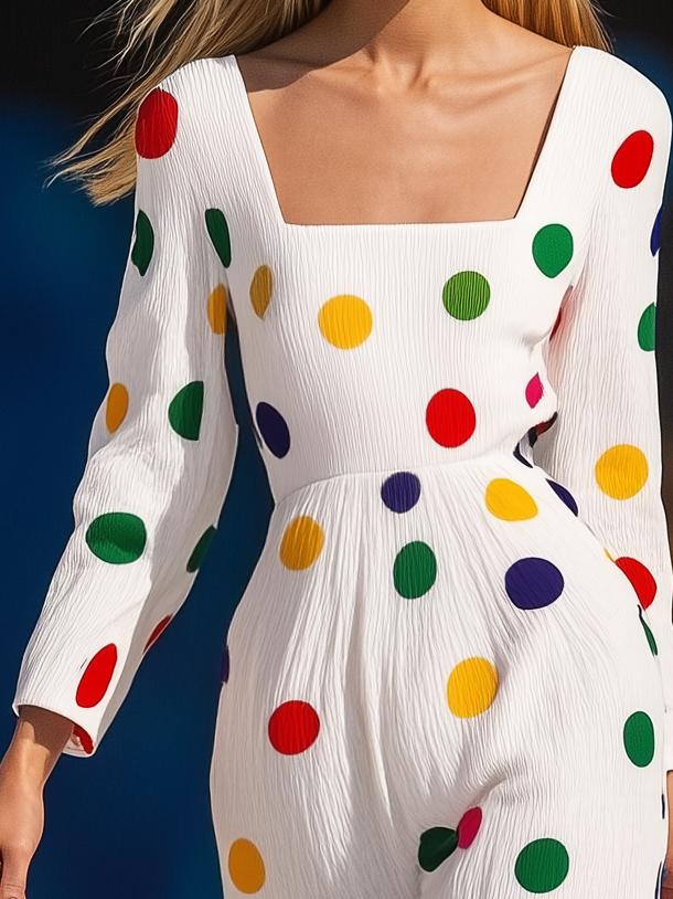 Vibrant Color Polka Dot Square Neck Long Sleeve Maxi Dress