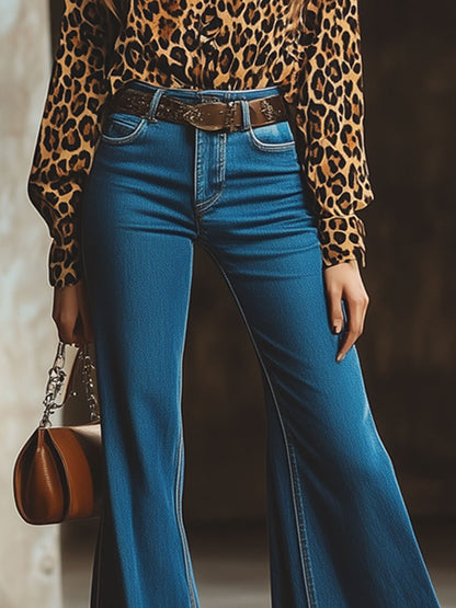 Casual Loose Retro Solid Color High Waist Flared Jeans