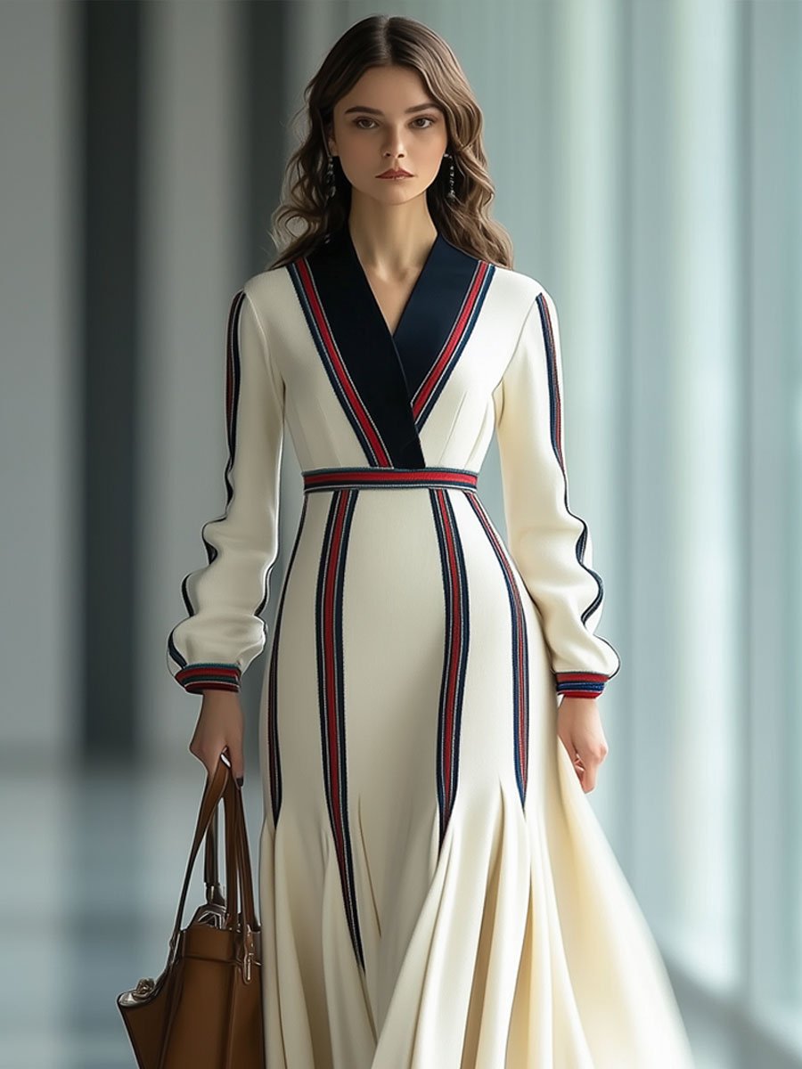 Fashion Retro V-Neck Red And Blue Striped Print Long Sleeve Maxi Dress