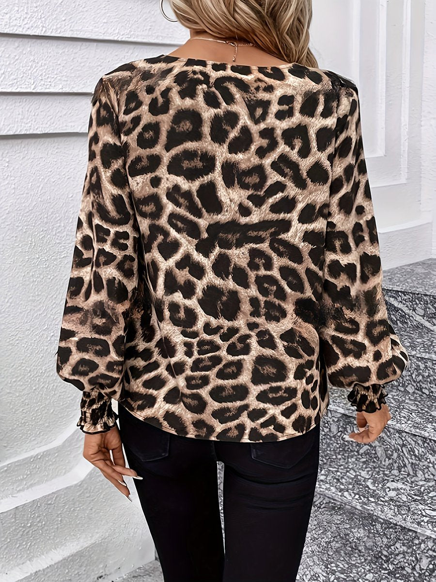 Loose Casual V-Neck Leopard Print Long Sleeve Chiffon Shirt