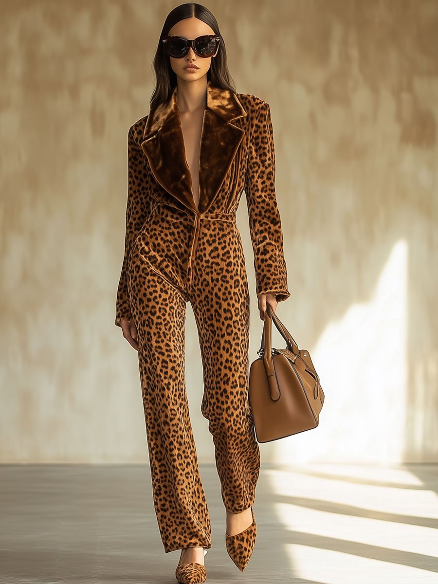 【24-hour shipping】Casual Loose Retro Velvet Leopard Print Colorblock Lapel Long Sleeve Jumpsuit