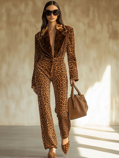 Casual Loose Retro Velvet Leopard Print Colorblock Lapel Long Sleeve Jumpsuit