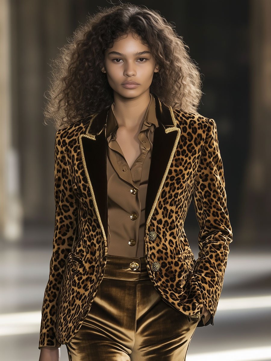 【24-hour shipping】Casual Fashion Velvet Leopard Print Contrast Lapel Gold Edge Blazer