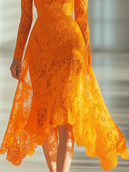 Elegant and Intellectual Orange Lace One Shoulder Long Sleeve Midi Dress