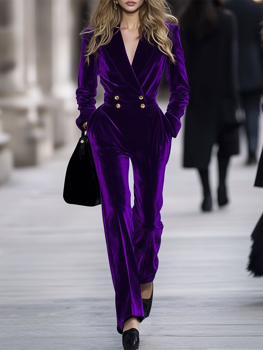 High-End Temperament Loose Retro Purple Velvet Jumpsuit