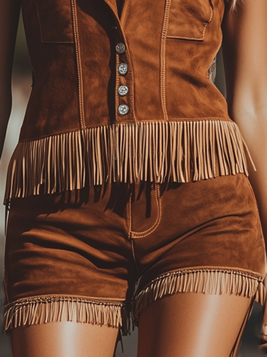 Vintage Western Style Tassel Brown Suede Vest Shorts Set