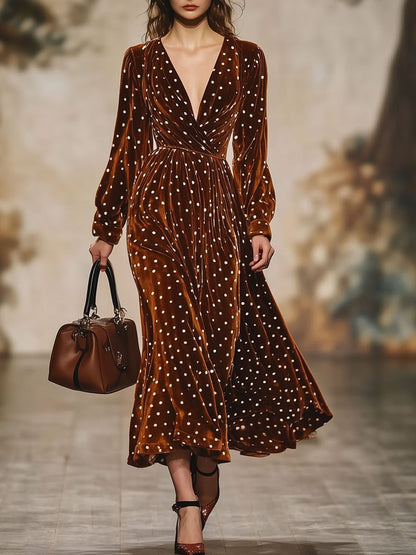 Loose Retro Velvet Polka Dot V-Neck Long Sleeve Midi Dress