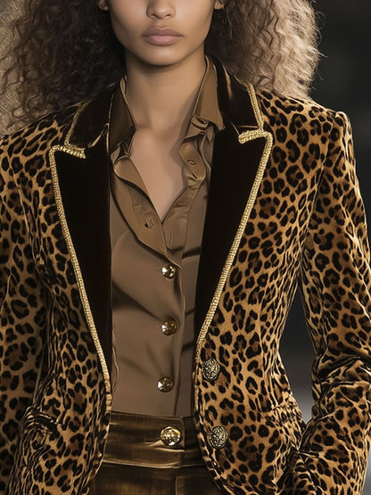 【24-hour shipping】Casual Fashion Velvet Leopard Print Contrast Lapel Gold Edge Blazer