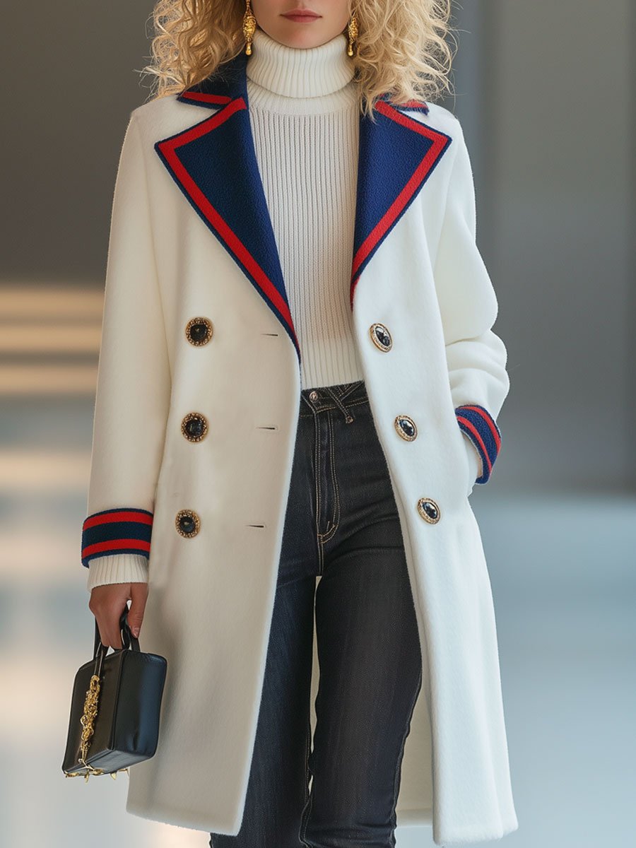 Casual Loose Retro Red And Blue Striped Woolen Double-Breasted Coat