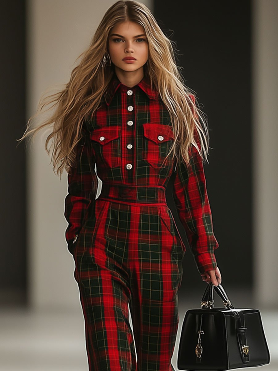 Casual Loose Retro Woolen Red And Green Plaid Multi-Pocket Long-Sleeved Jumpsuit