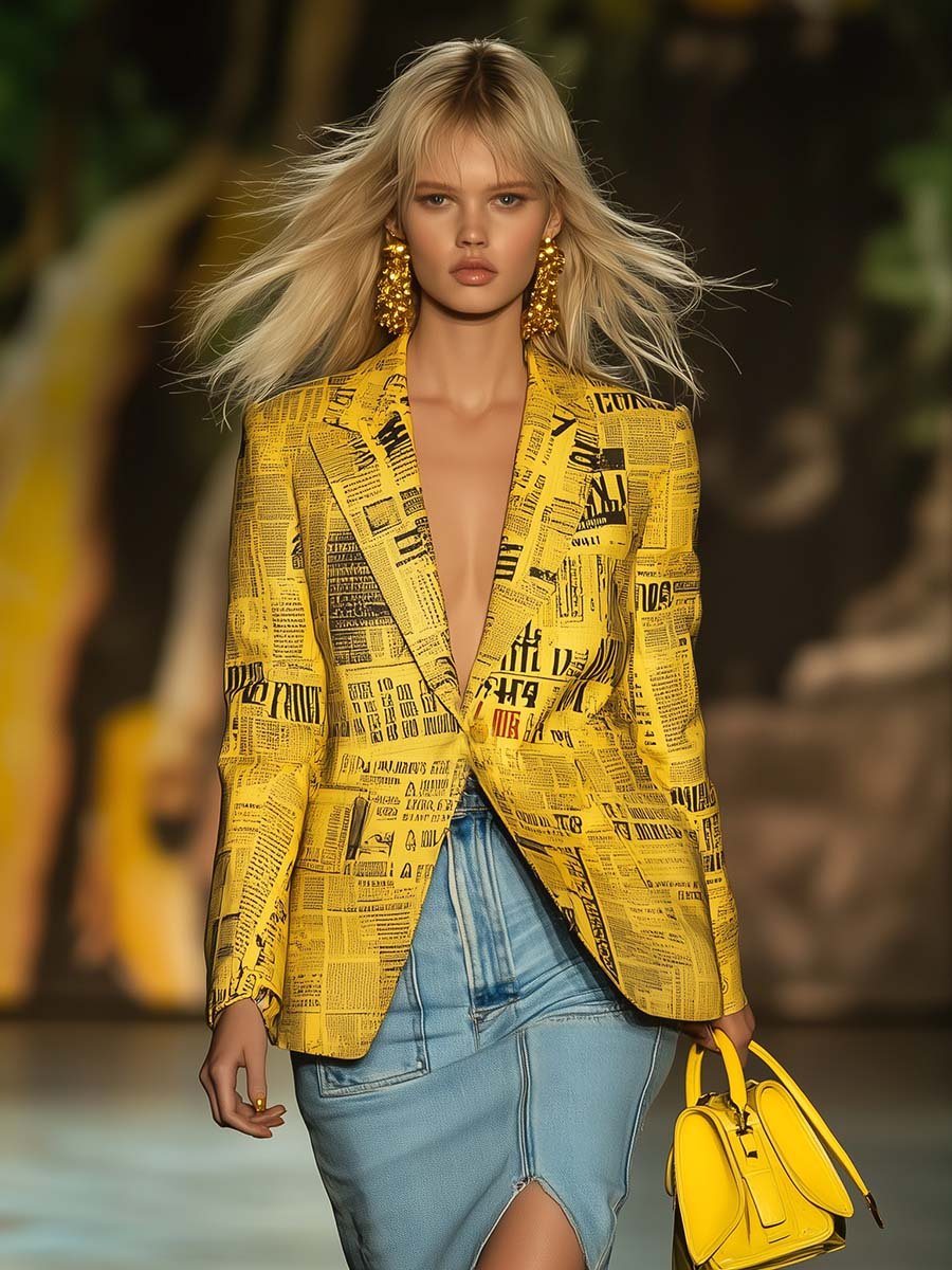 Fashionable Personalized Newspaper Print Yellow Blazer