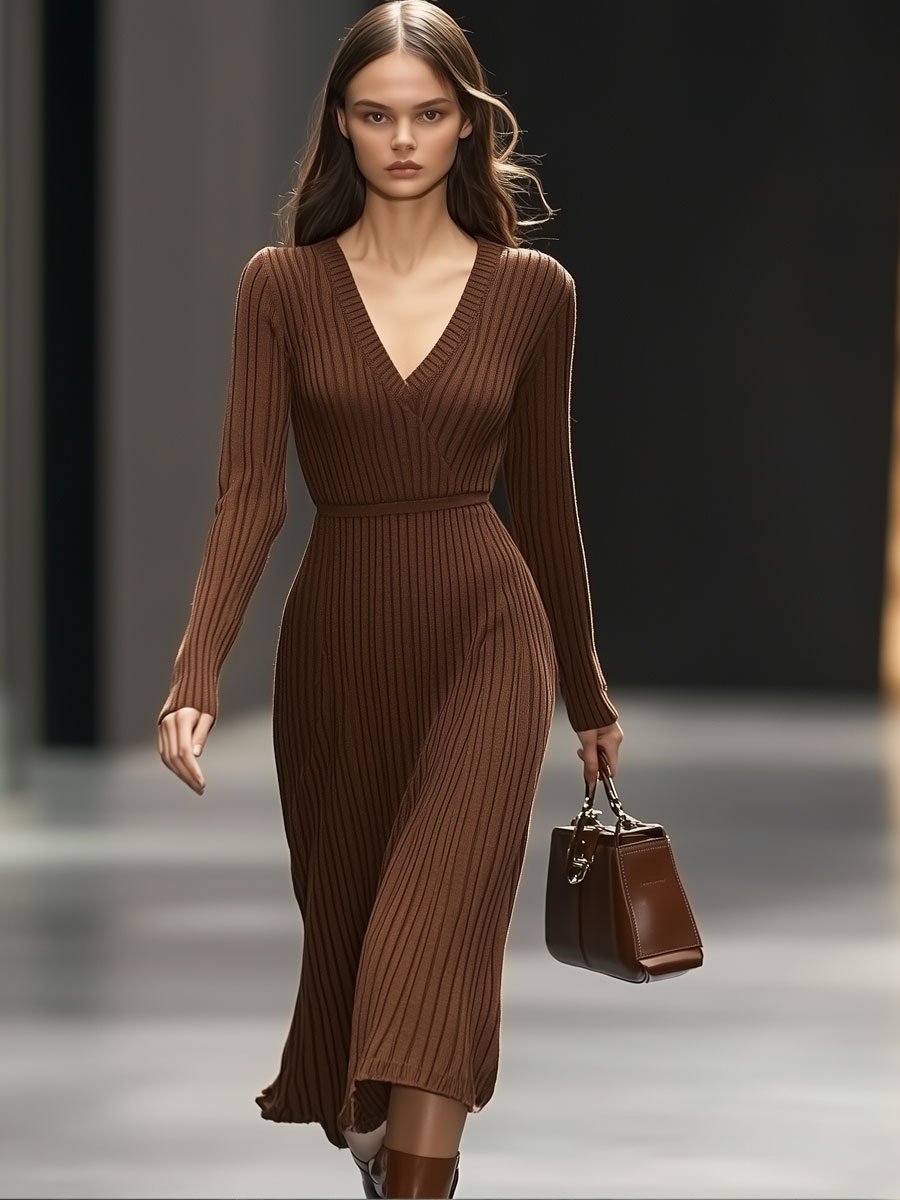 V-Neck Casual Solid Chocolate Knitted Long Sleeve Midi Dress