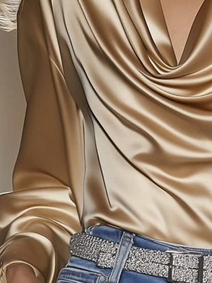 Fashionable And Elegant Draped Collar Satin Shirt