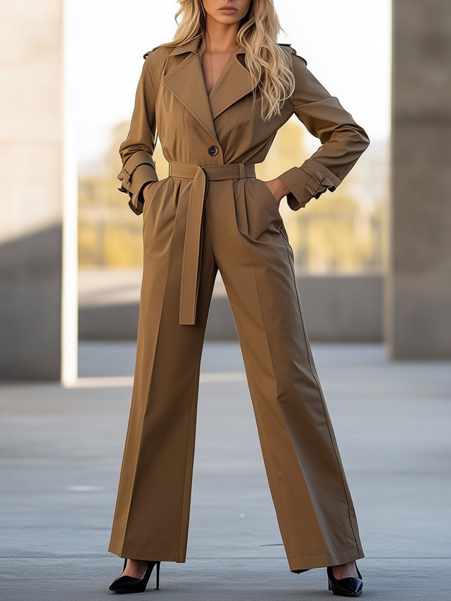 Casual Loose Fashionable Khaki Wide-Leg Jumpsuit