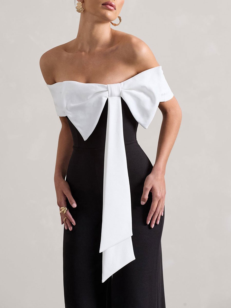 Fashion Retro Off-Shoulder White Bow Black Sleeveless Wide-Leg Jumpsuit