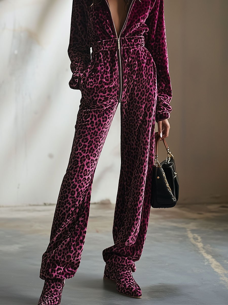 【24-hour shipping】Casual Retro Purple Velvet Leopard Print Elastic Waist Zipper Hooded Jumpsuit