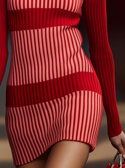 Elegant Personality Red Contrast Striped Knitted Mini Dress