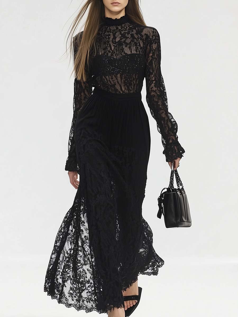 Elegant and Unique High Collar Black Lace Jumpsuit with A Lace Skirt