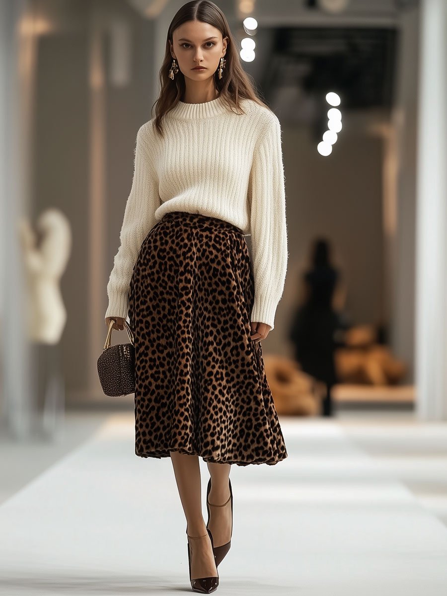 Casual Loose Retro Round Neck Sweater Velvet Leopard Skirt Set