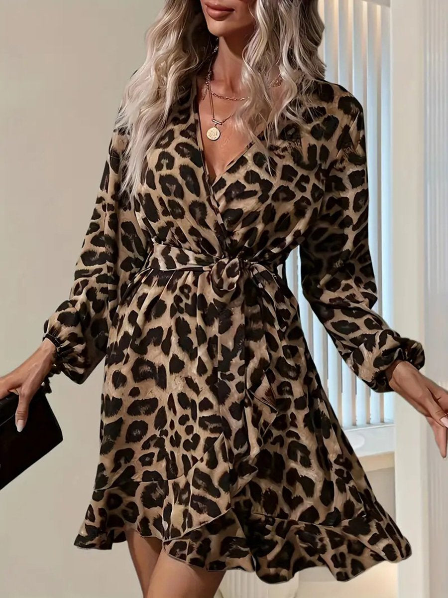 Leopard Print V-neck High Waist Tie Irregular Mini Dress