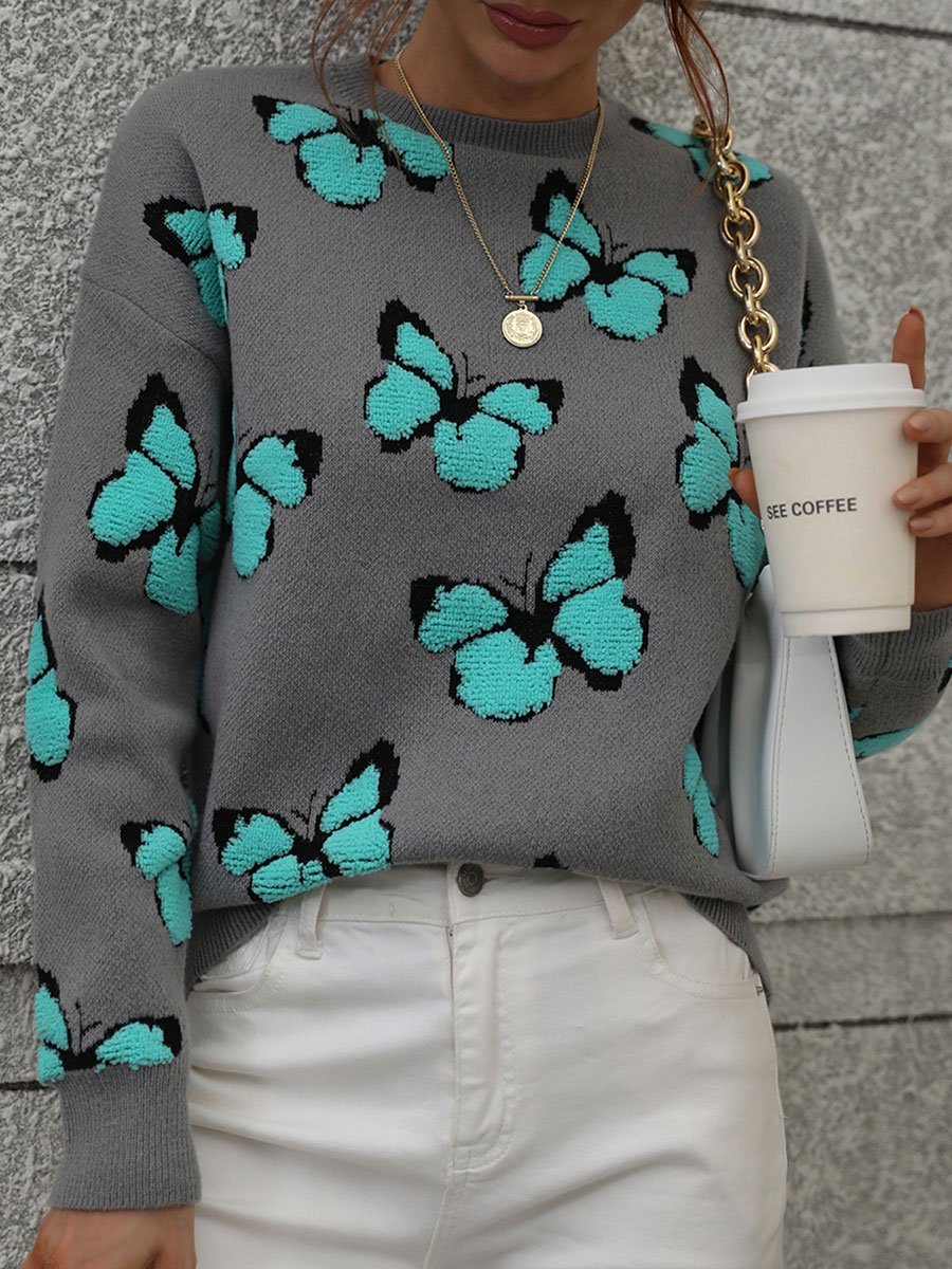 Butterfly Jacquard Round Neck Loose Knitted Pullover Sweater