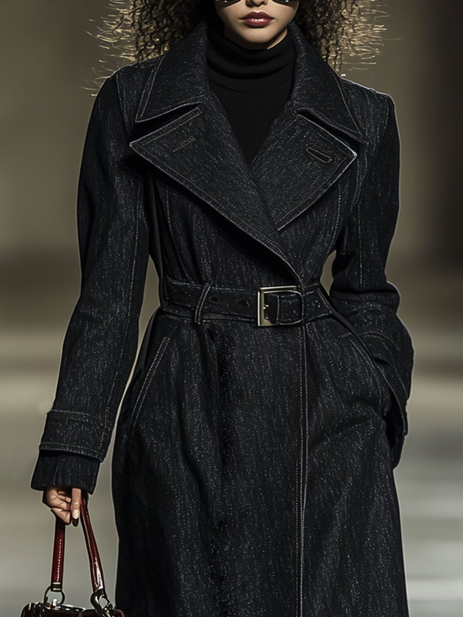 Casual Loose Retro Lapel Belted Black Denim Trench Coat