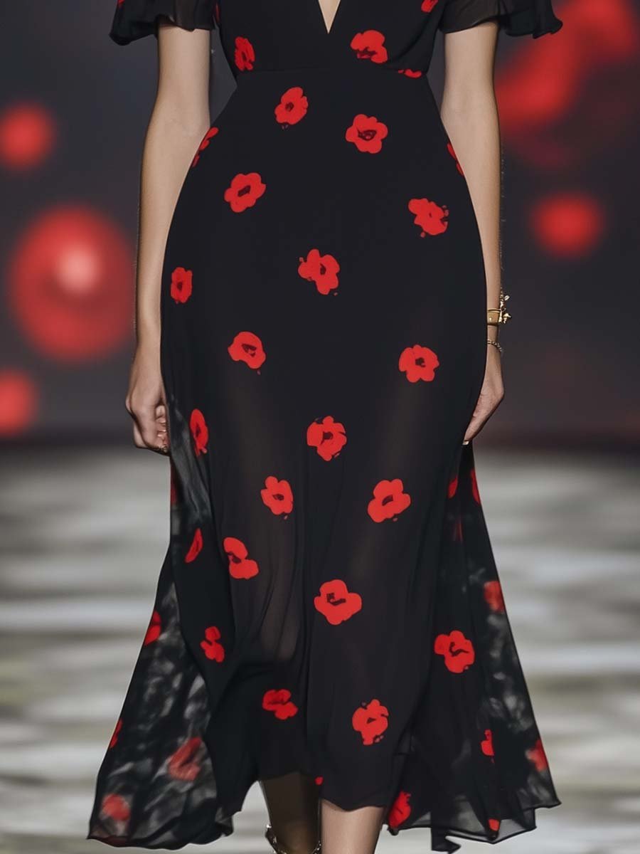 Fashion V-neck Short-sleeved Red Flower Print Black Chiffon Midi Dress