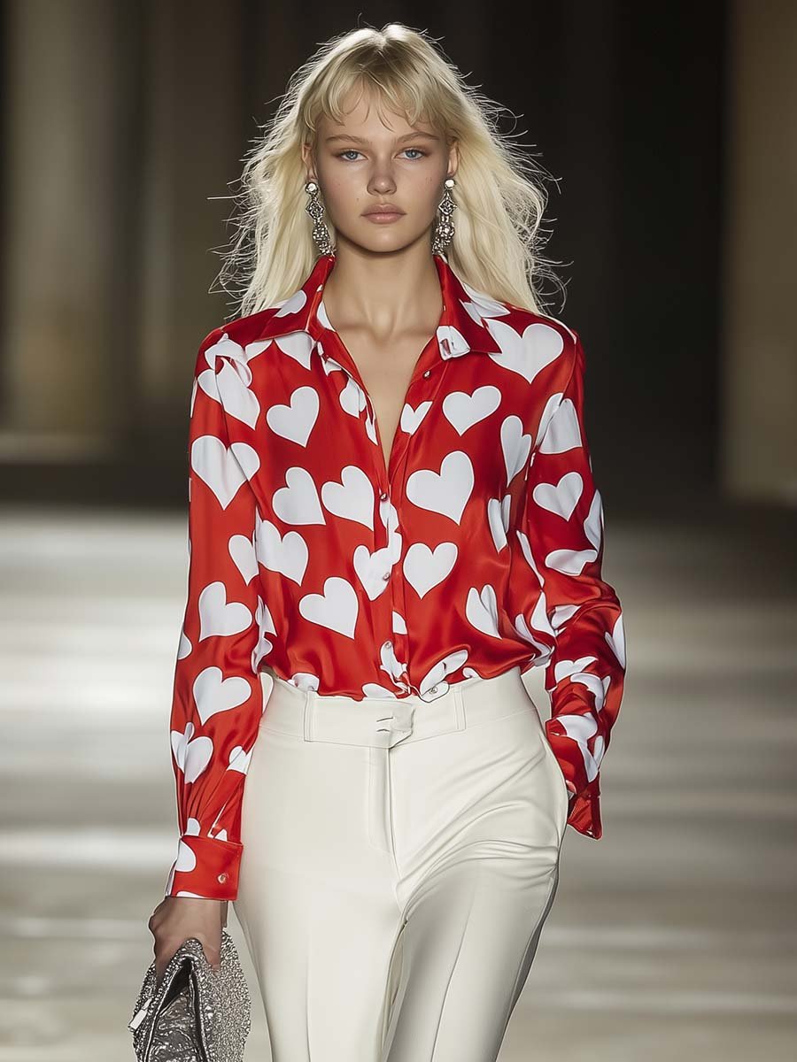 Romantic and Fashionable Red and White Heart Print Satin Shirt