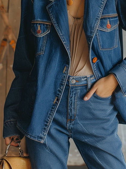 Casual Loose Denim Corduroy Patchwork Multi-Pocket Jacket