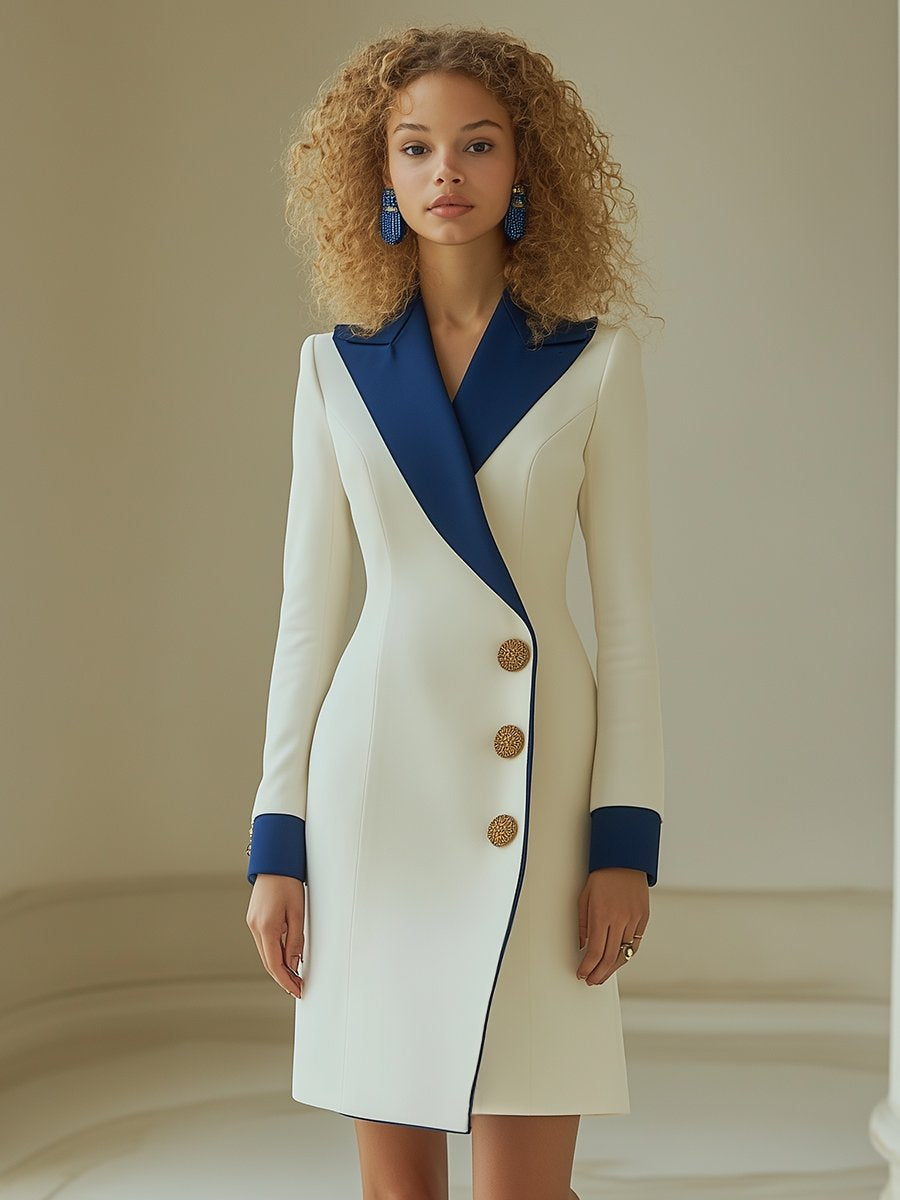 High-End Temperament Fashionable And Elegant Blue And White Contrast Lapel Dress