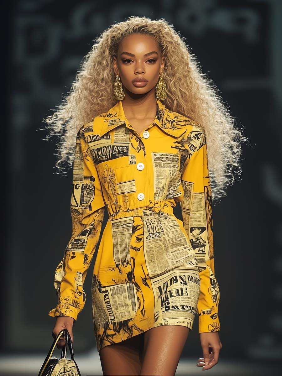 Fashionable Elastic Waist Newspaper Print Yellow Shirt Style Mini Dress