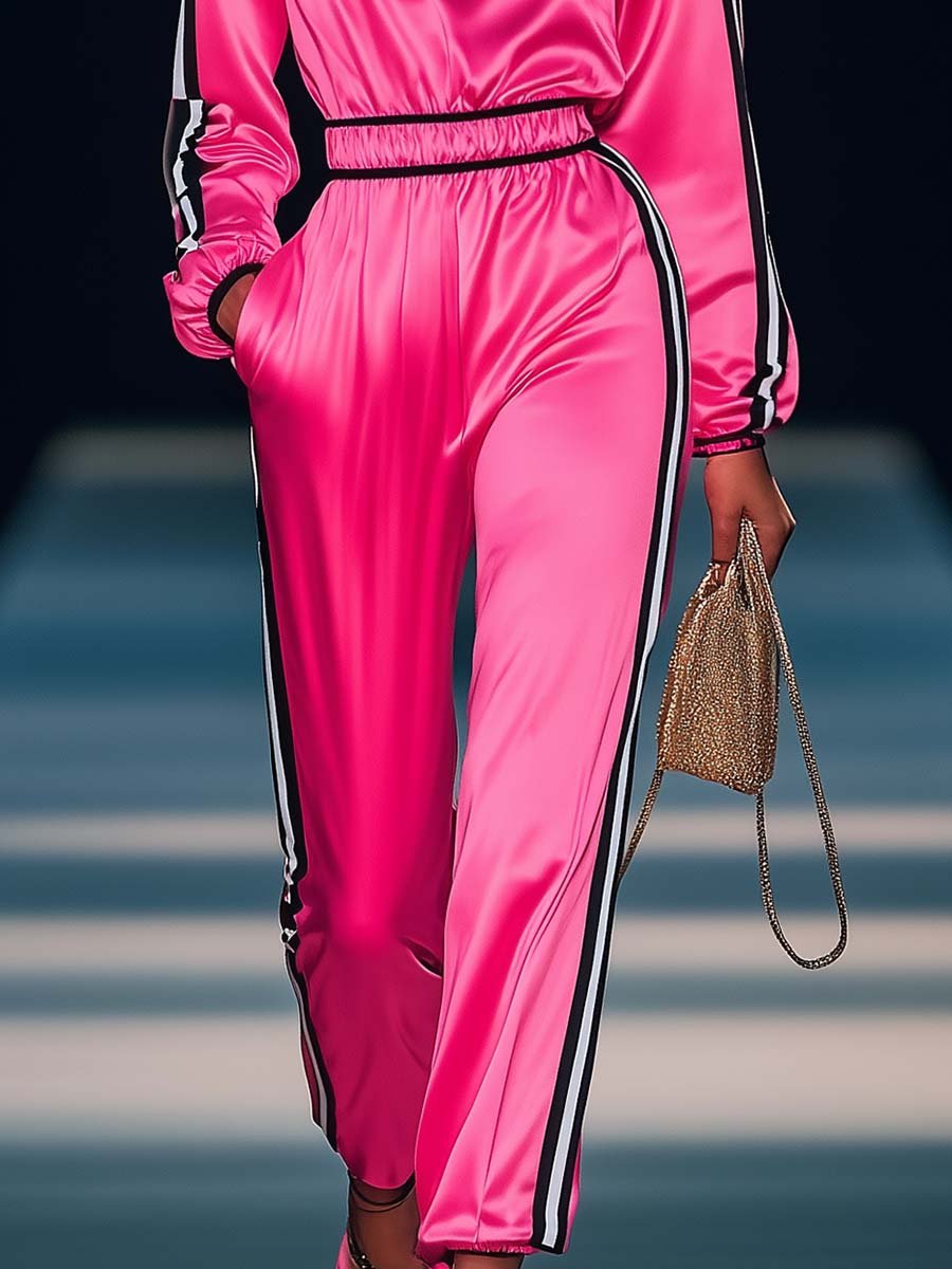 Elegant Sporty Black and White Striped V-neck Hot Pink Satin Jumpsuit